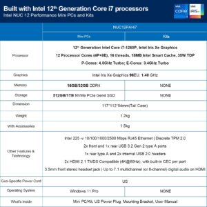 Intel NUC 12 Pro Mini PC Kit NUC12WSHi7 (12-Core i7-1260P 32GB RAM 1TB SSD Iris XE Graphics) Windows 11 Pro Latest Desktop Computer Mini PC,2 x Thunderbolt 4, Intel nuc Wi-Fi 6E AX211 Wireless