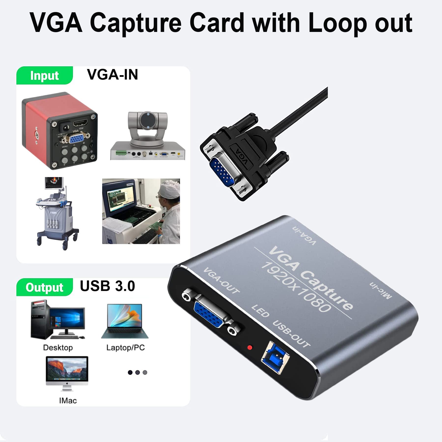 VGA Capture Card, VGA to USB Capture Device with VGA Loopout, Mic Input Support HD 720P Video for Gaming, Streaming, Teaching, Video Conference, Live Broadcasting