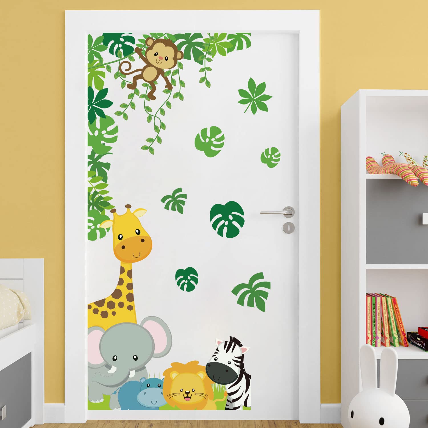 Supzone Jungle Animal Wall Decals Green Palm Leaf Wall Stickers Cartoon Elephant Giraffe Monkey Wall Art Sticker for Kids Baby Nursery Playroom Bedroom Girls Boy Room Wall Decor