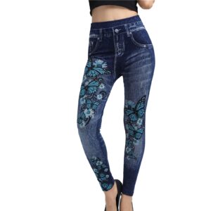 maiyifu-gj women's fake denim printed leggings plus size high waisted jean yoga pants seamless stretch full length jeans (dark blue 3,xx-large)