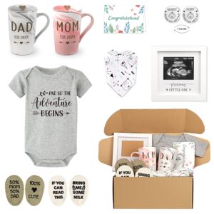 pregnancy gifts est 2023-new parents gift set pregnancy announcement-first time new mom basket for baby shower gender reveal-mom & dad mugs, decision coin, baby ultrasound frame, onesie, bib, socks