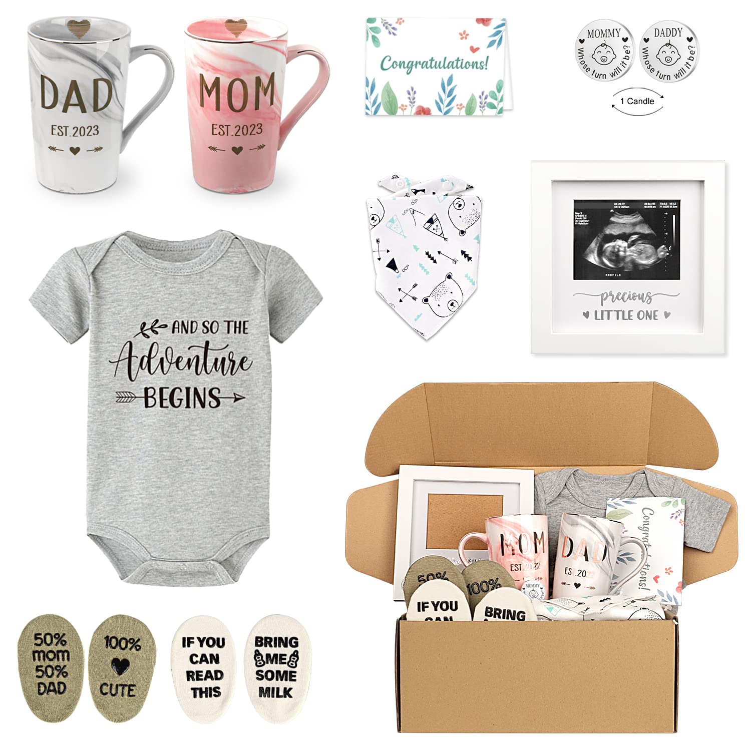 Pregnancy Gifts Est 2023-New Parents Gift Set Pregnancy Announcement-First Time New Mom Basket for Baby Shower Gender Reveal-Mom & Dad Mugs, Decision Coin, Baby Ultrasound Frame, Onesie, Bib, Socks