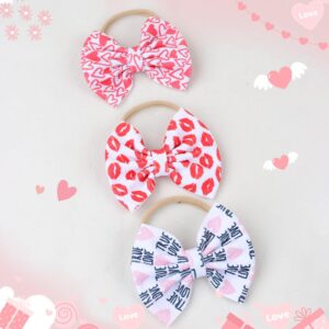 NCMAMA Valentine's Day Baby Headbands Pink Red Love Heart Printed Elastic Nylon Valentines Hairbands for Baby Girls Newborn and Infant 3 Pcs (Valentine's Day- A)