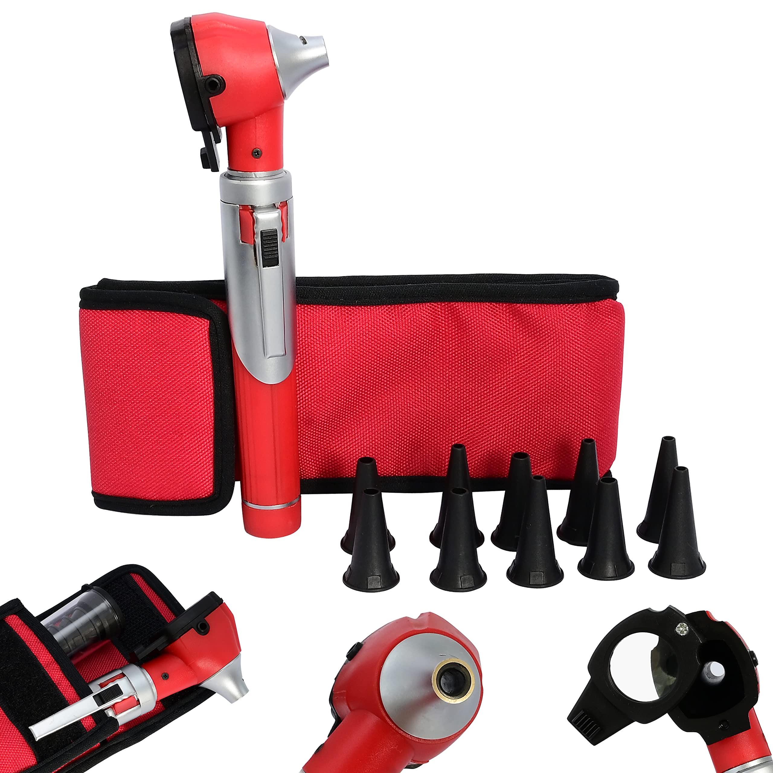 OdontoMed2011 Otoscope - Portable Ear Light and Exam Kit for Home and Professional Use - 3X Magnifying Fiber Optic Scope with Spare Tips, Bulb, and Carrying Case - Pocket Diagnostic Equipment (Red)