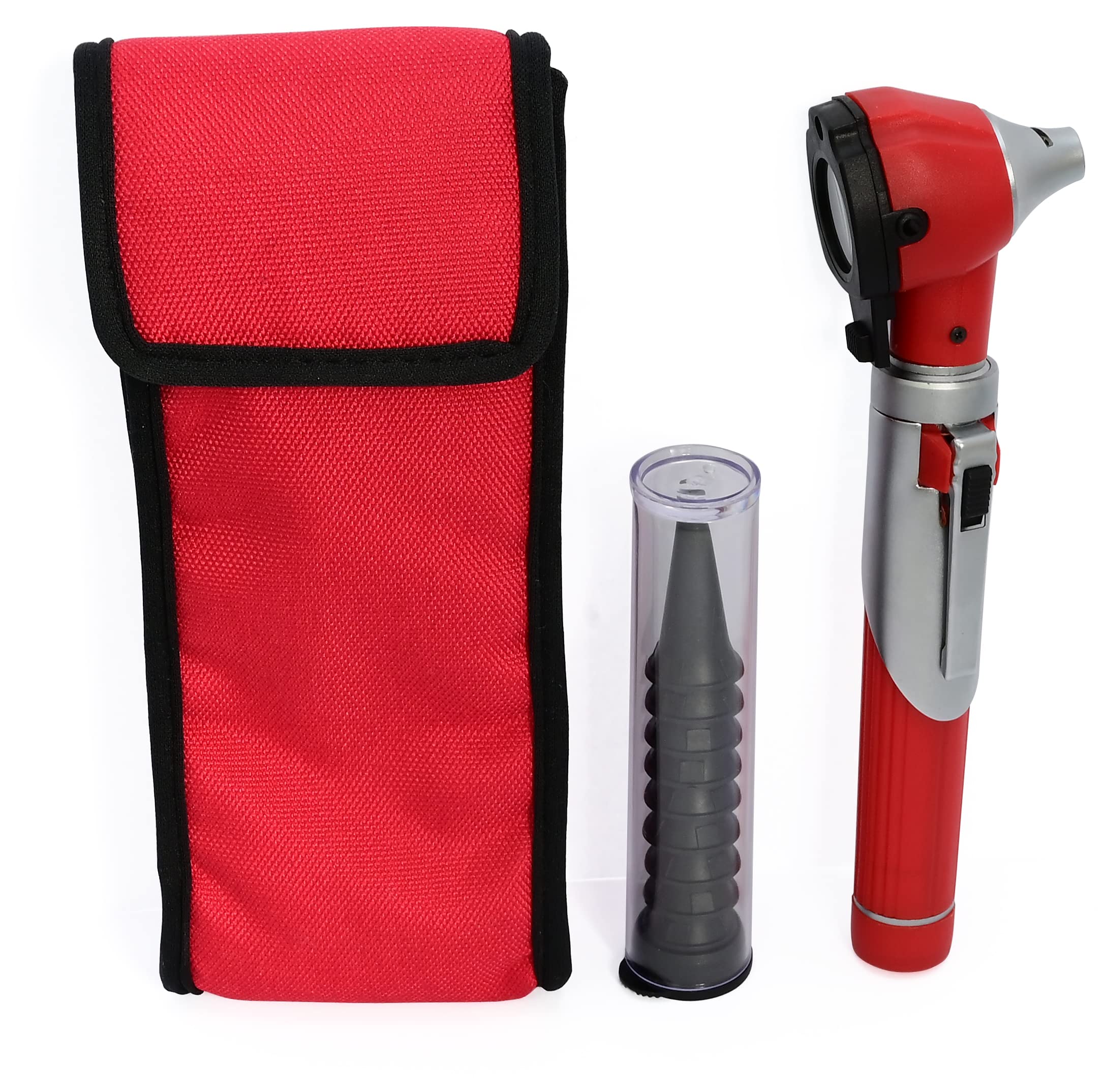 OdontoMed2011 Otoscope - Portable Ear Light and Exam Kit for Home and Professional Use - 3X Magnifying Fiber Optic Scope with Spare Tips, Bulb, and Carrying Case - Pocket Diagnostic Equipment (Red)