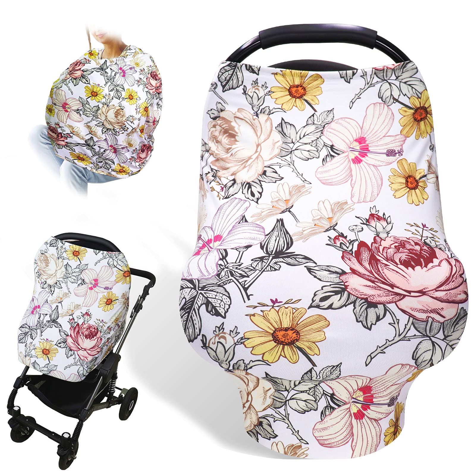 Floral Car Seat Insert,Cushion for Stroller, Swing, Bouncer, 2-in-1 Reversible,Baby Car Seat Cover Girls, Infant Carseat Canopy