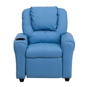 HBCY Creations Kid's Recliner - Light Blue Vinyl Upholstery - Integrated Cupholder - Padded Headrest - Safety Recline Feature