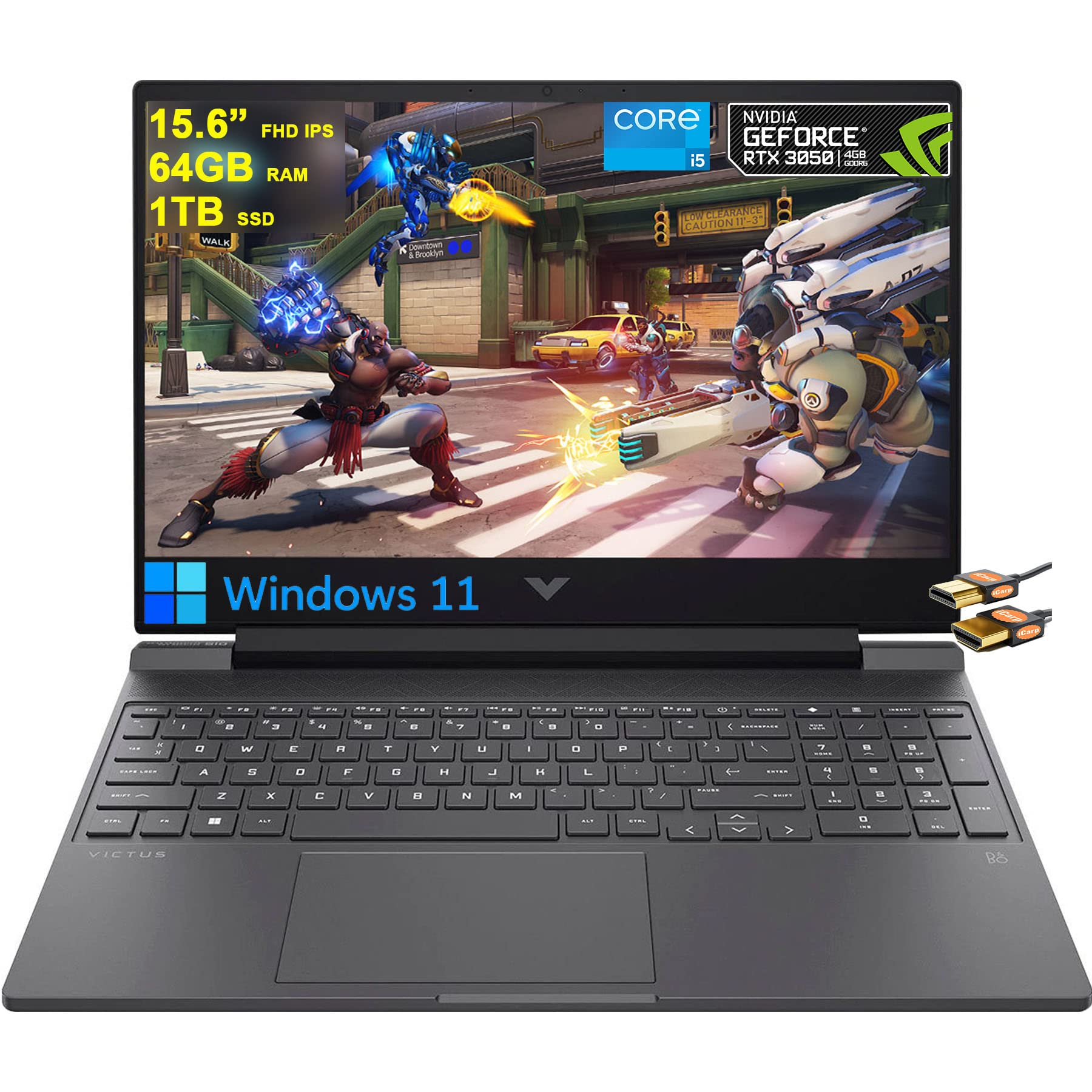 HP Victus 15 Gaming Laptop 15.6” FHD IPS AG Display 12th Generation Intel 12-Core i5-12500H (Beat i7-11800H) 64GB RAM 1TB SSD GeForce RTX 3050 4GB Graphic Backlit B&O Win11 Black + HDMI Cable