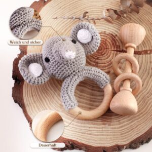 Wooden Baby Rattle Crochet Elephant and Wooden Rattle Baby Toys Set 2pcs Handmade Newborn Toy Early Development Grips Stuffed Animal Organic Rattle (Elephant Set)