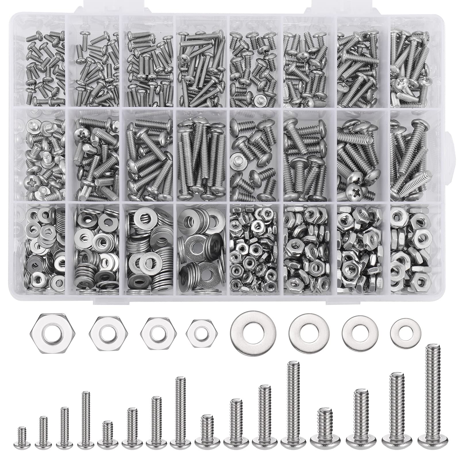 900PCS Nuts and Bolts Assortment Kit for Home Projects - Stainless Steel Machine Screw Assortment Kit SAE Assorted Screw Set Phillips Pan Head Screws Washers Nuts with Case (#4-40#6-32#8-32#10-24)