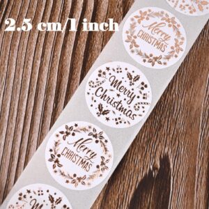 NUOMI 1000 Pcs Merry Christmas Stickers Round Adhesive Seal Labels Rose Gold Foil Stamping with Flower for Xmas Decor Cards Envelope Gift Packaging, 1 Inch