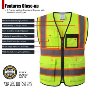 HATAUNKI High Visibility Reflection Yellow Mesh Safety Vests with 8 Pockets and Front Zipper, hi vis safety vest for Men and Women, Meets ANSI/ISEA Standards(Yellow-07,X-Large)