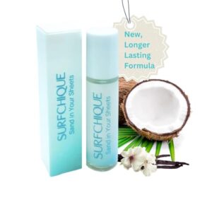 surfchique tropical beach perfume oil roll on fragrance for women with coconut, vanilla notes and touch of mango & papaya - sand in your sheets