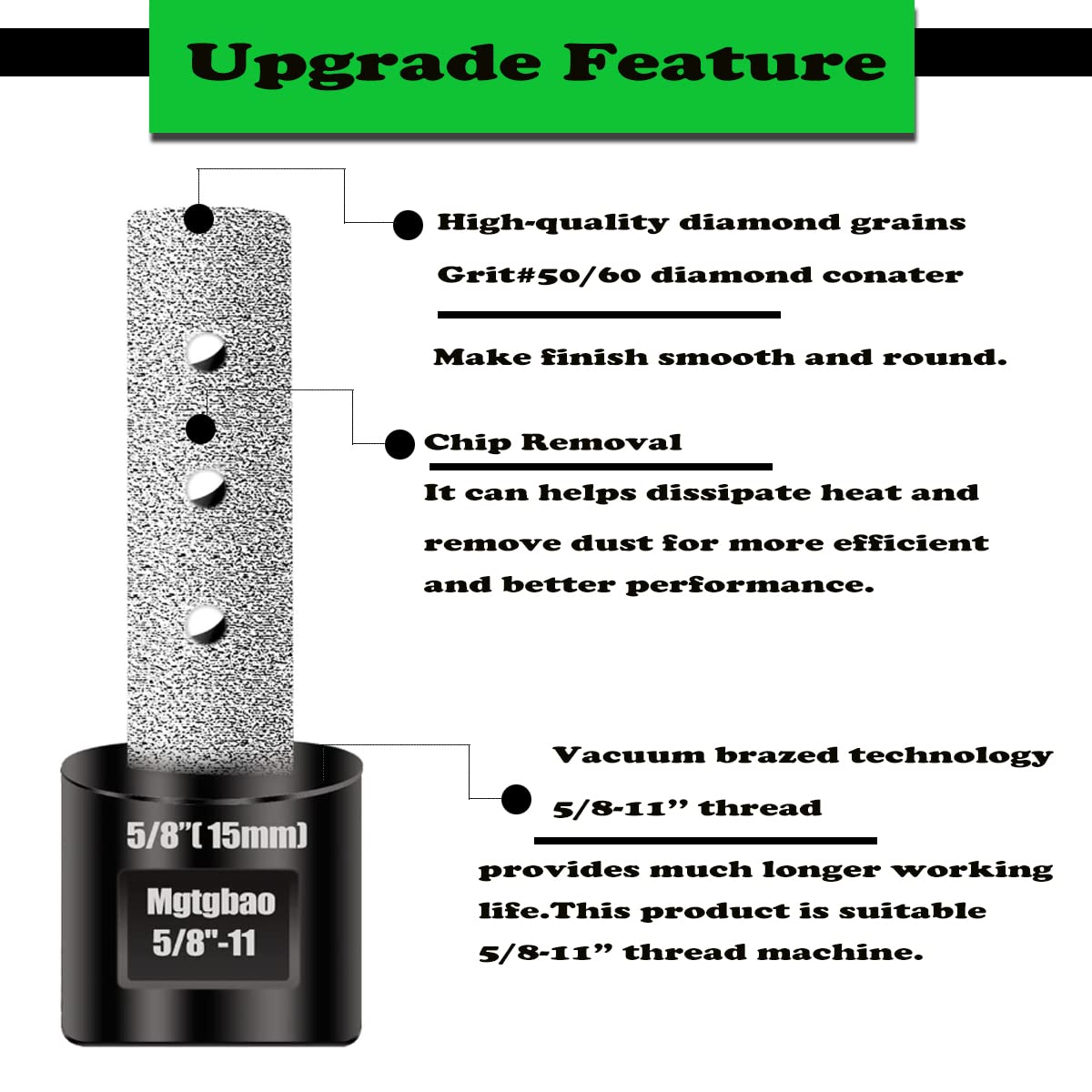 Mgtgbao 3/8”Black Diamond Finger Bit, 10mm Diamond Finger Milling Bits for Enlarging and Shaping or Round Bevel Existing Holes in Porcelain Hard Ceramic Stone Granite Marble Tile Countertop 5/8"-11