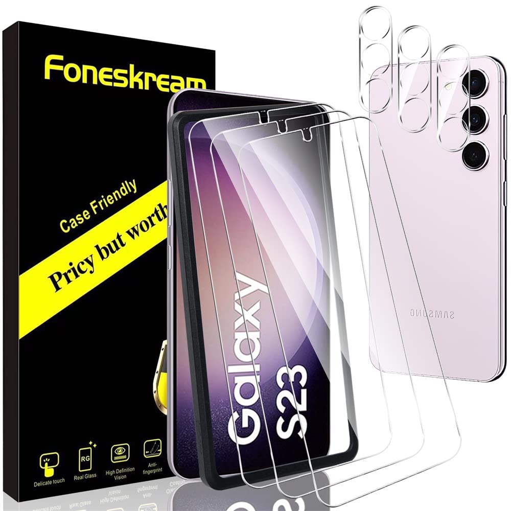 Foneskream [3+3 Pack Compatible for Samsung Galaxy S23 Screen Protector 6.1 inch + Samsung S23 Camera Lens Protector Tempered Glass Case Friendly