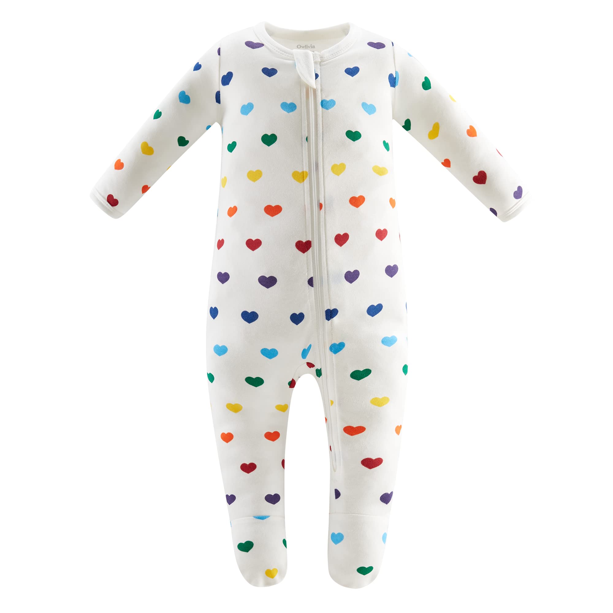 Owlivia Organic Cotton Baby Pajamas, Boys Girls Zip Front Sleep 'N Play, Footed Sleeper, Long Sleeve(3-6 Months, Rainbow Hearts)