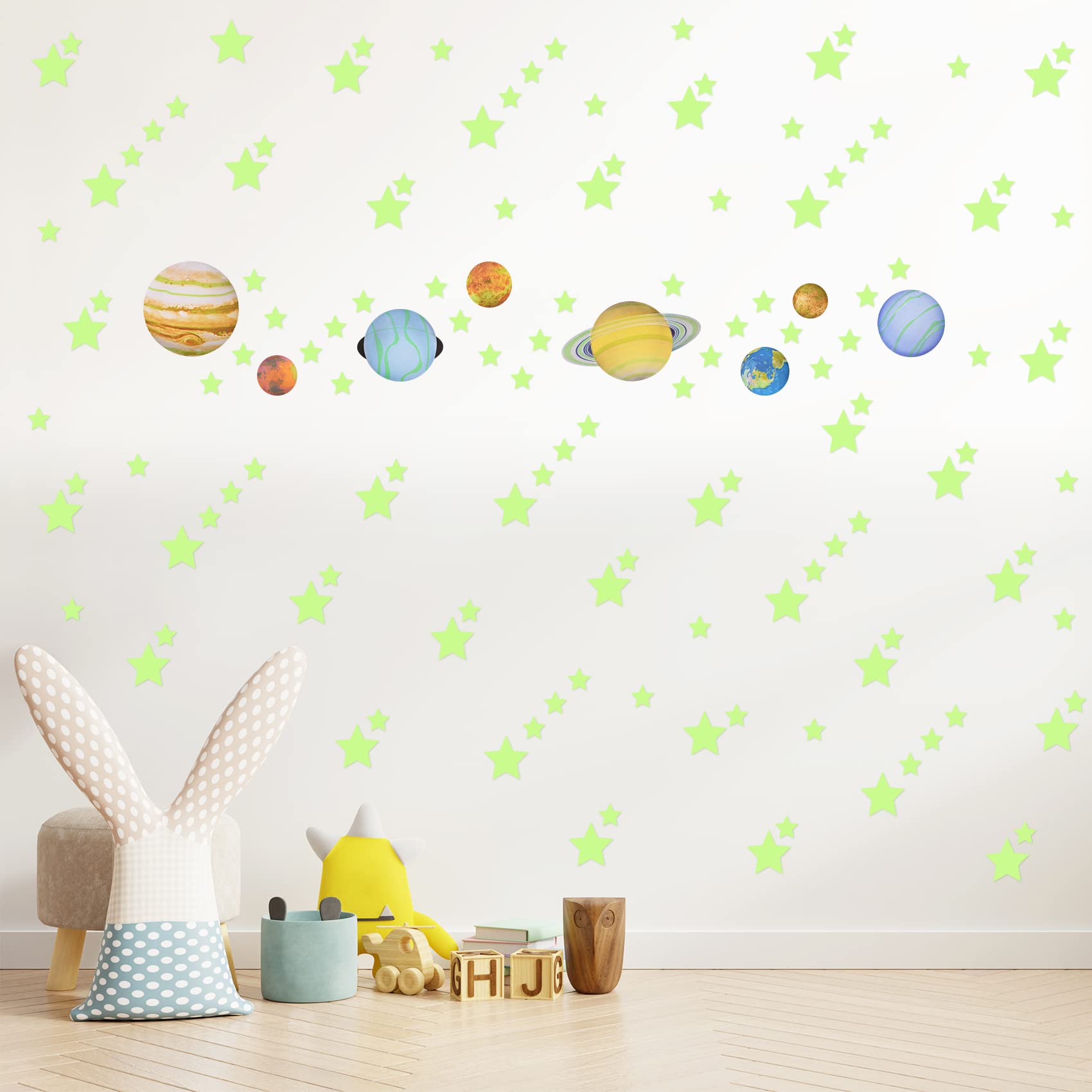 Glow in The Dark Stars and Planet Solar System Walls 109 Fluorescent Stars Stickers Decorative Kid's Bedroom Ceiling Christmas Birthday Gift for Girls and Boys