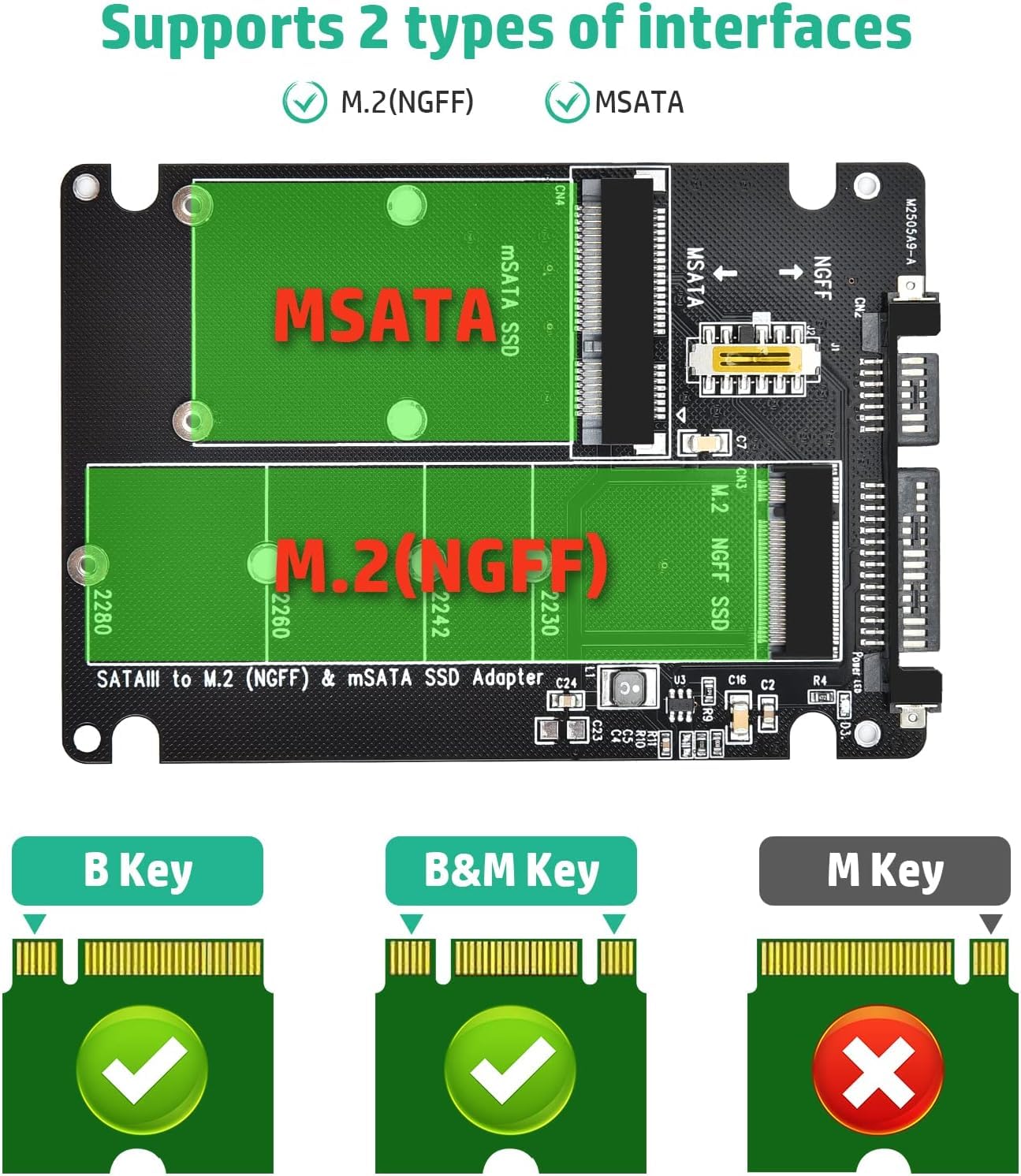 ELUTENG M.2 SATA to SATA Adapter (Not Support NVME/M.2 PCIE) MSATA and B Key/B&M Key M.2 NGFF SDD to 2.5" SATA III 2 in 1 Converter Supports MSATA/M.2 NGFF SSD Not for M Key