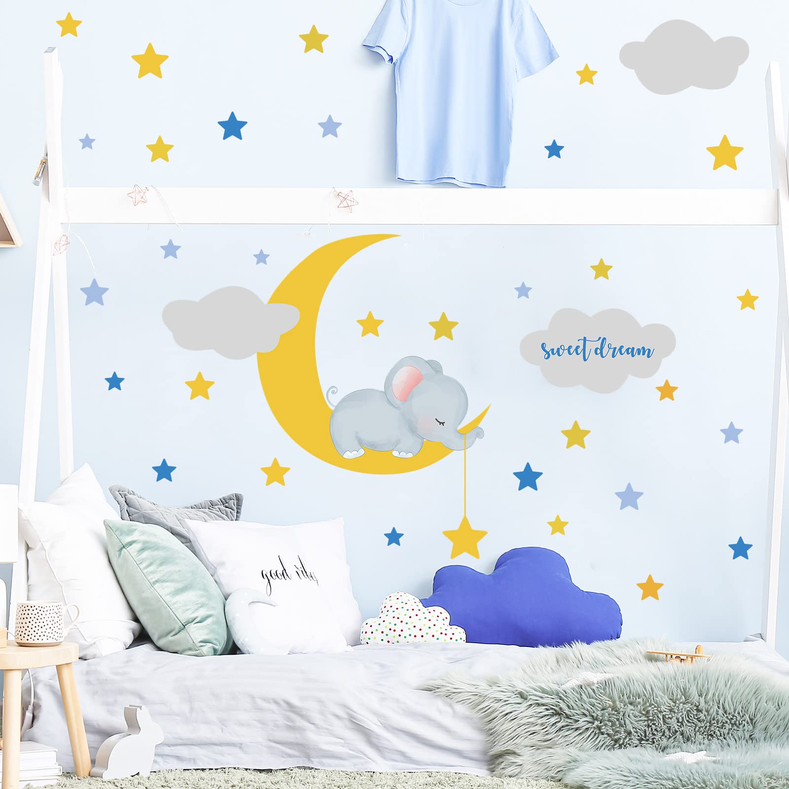 Moon and Stars Wall Stickers, Sleeping Elephant Wall Decals Sweet Dream Decoration for Baby Room Kids Bedroom Nursery and Playroom