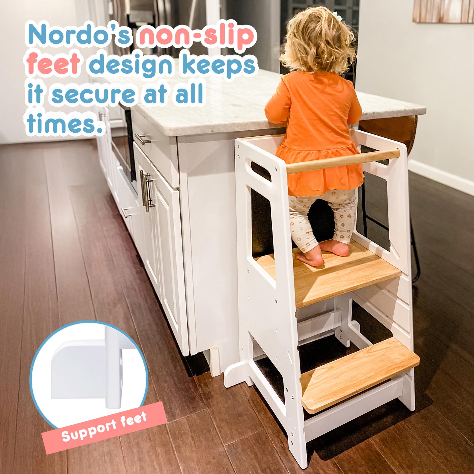 Toddler Kitchen Stools Helper with Adjustable Height and Anti-Slip Protection, Kids Standing Tower with Safety Rail, Kids Montessori Step Stool with Learning Chalkboard, White