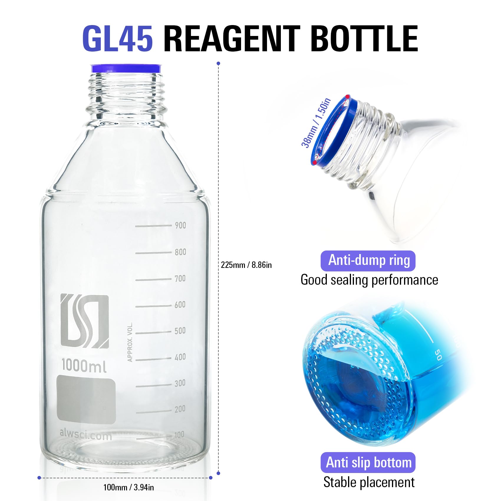 ALWSCI 1000ml Graduated Glass Round Media Storage Bottle with blue GL45 Screw Cap, 3.3 Borosilicate Glass, Wide Mouth Lab Reagent Bottle, Pack of 1