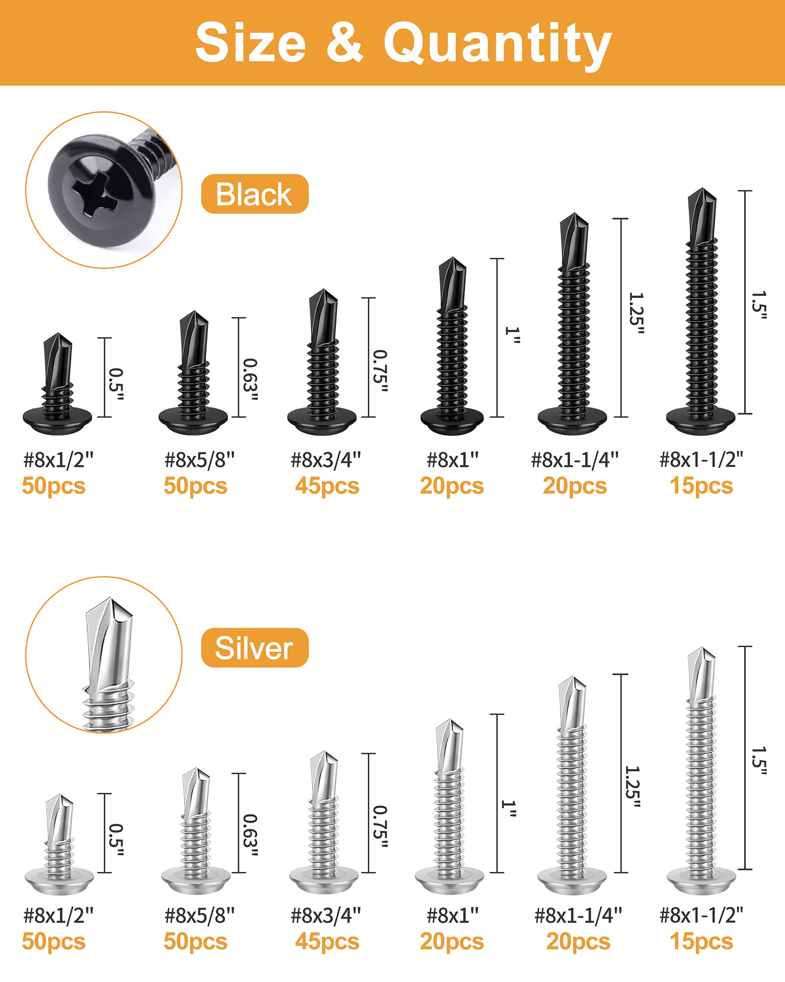 VIGRUE 410 Stainless Steel #8 X 1/2'' to 1-1/2'' Self Tapping Screw Assortment Kit, Modified Truss Head, 400pcs Self Tapping Screws for Metal, Black Oxide and Silver Stainless Steel