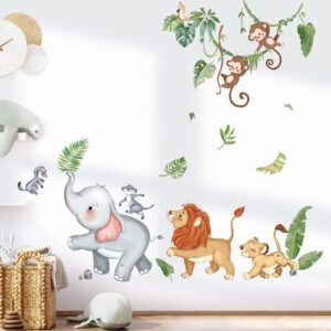 wondever Jungle Animals Wall Stickers Elephant Lion Monkey Safari Animal Peel and Stick Wall Art Decals for Kids Bedroom Baby Nursery