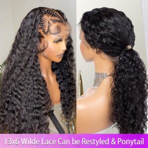 UPIGUILK 13x6 Deep Wave Lace Front Wigs Human Hair Pre Plucked HD Frontal for Black Women Curly Wig 180% Glueless with Baby Wet and Wavy 18 Inch