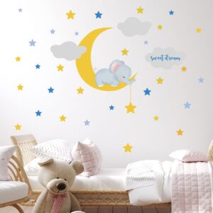 Moon and Stars Wall Stickers, Sleeping Elephant Wall Decals Sweet Dream Decoration for Baby Room Kids Bedroom Nursery and Playroom