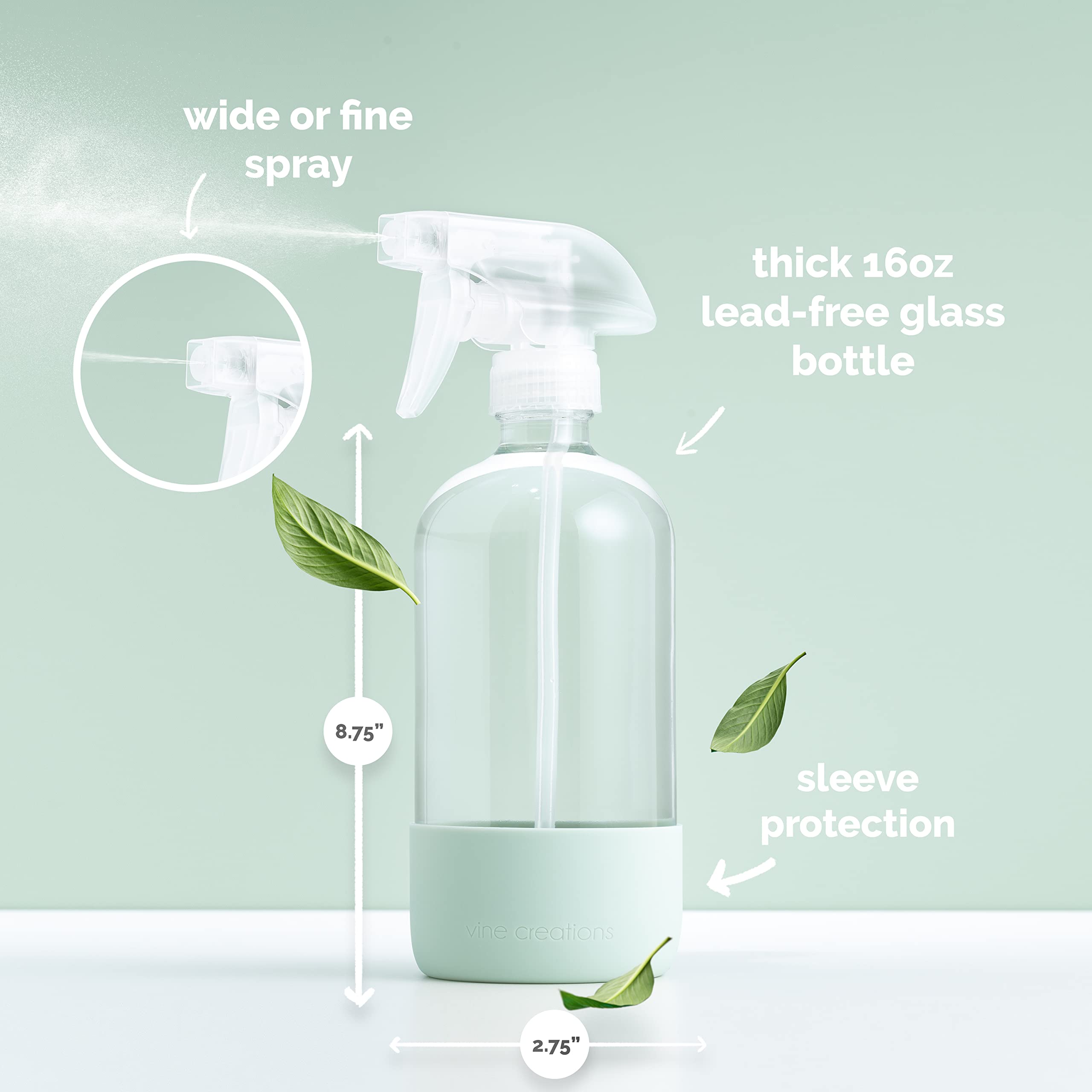 Vine Creations Glass Spray Bottles for Cleaning Solutions, Clear Glass Spray Bottle with Silicone Sleeve, 16 oz Empty Spray Bottles for Cleaning, Plant Spray Bottle, Cleaning Spray Bottle - 2 Pack