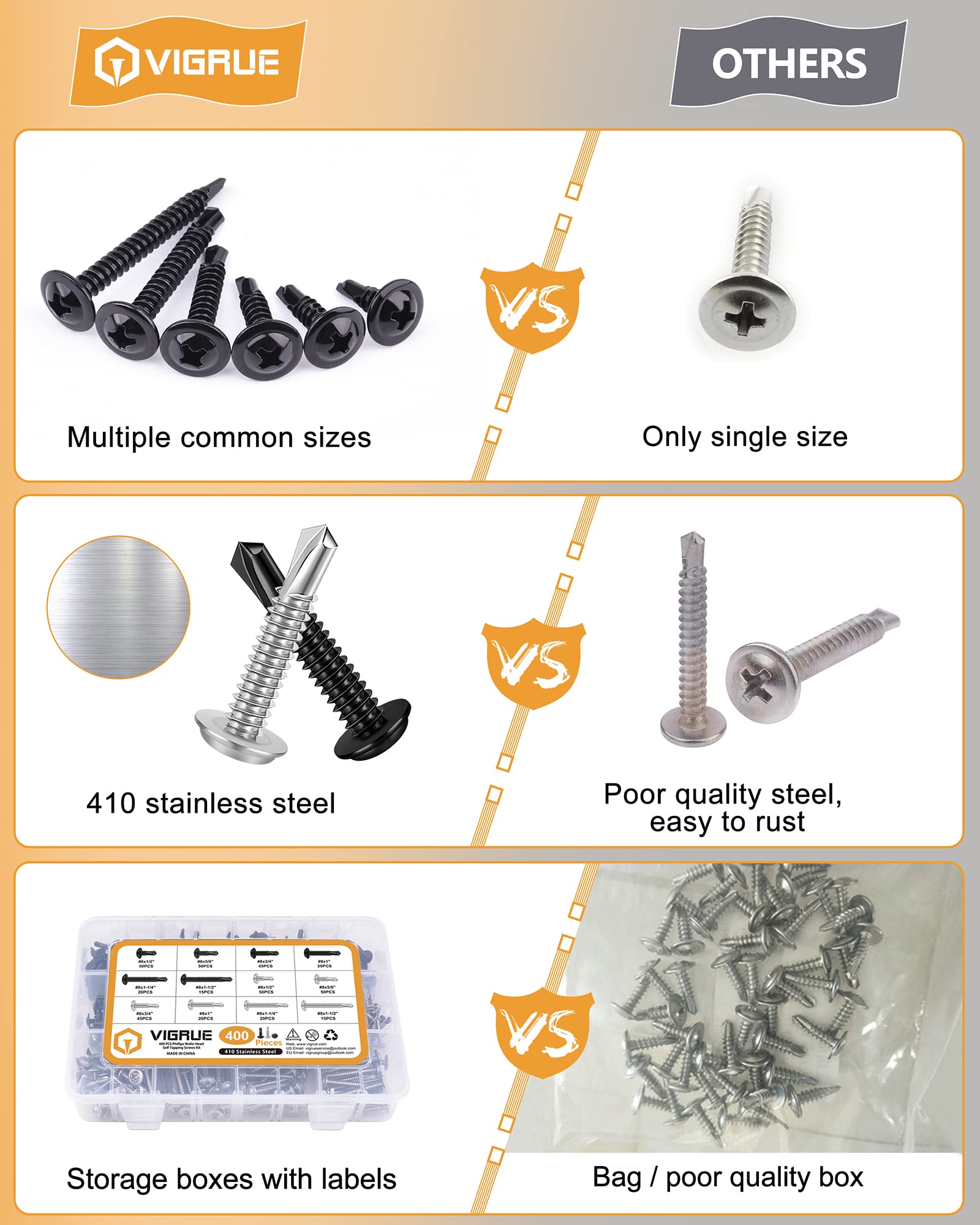 VIGRUE 410 Stainless Steel #8 X 1/2'' to 1-1/2'' Self Tapping Screw Assortment Kit, Modified Truss Head, 400pcs Self Tapping Screws for Metal, Black Oxide and Silver Stainless Steel