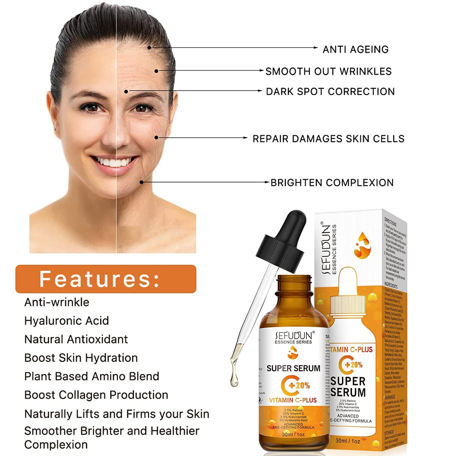 20% Vitamin C Serum for Face with Hyaluronic Acid 1 Fl Oz, Anti Aging Facial Serum for Women & Men, Antioxidant, Boost Skin Collagen, Fades Dark Spot, Hydrate & Plump Skin, Anti Aging & Wrinkle