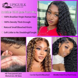 UPIGUILK 13x6 Deep Wave Lace Front Wigs Human Hair Pre Plucked HD Frontal for Black Women Curly Wig 180% Glueless with Baby Wet and Wavy 18 Inch