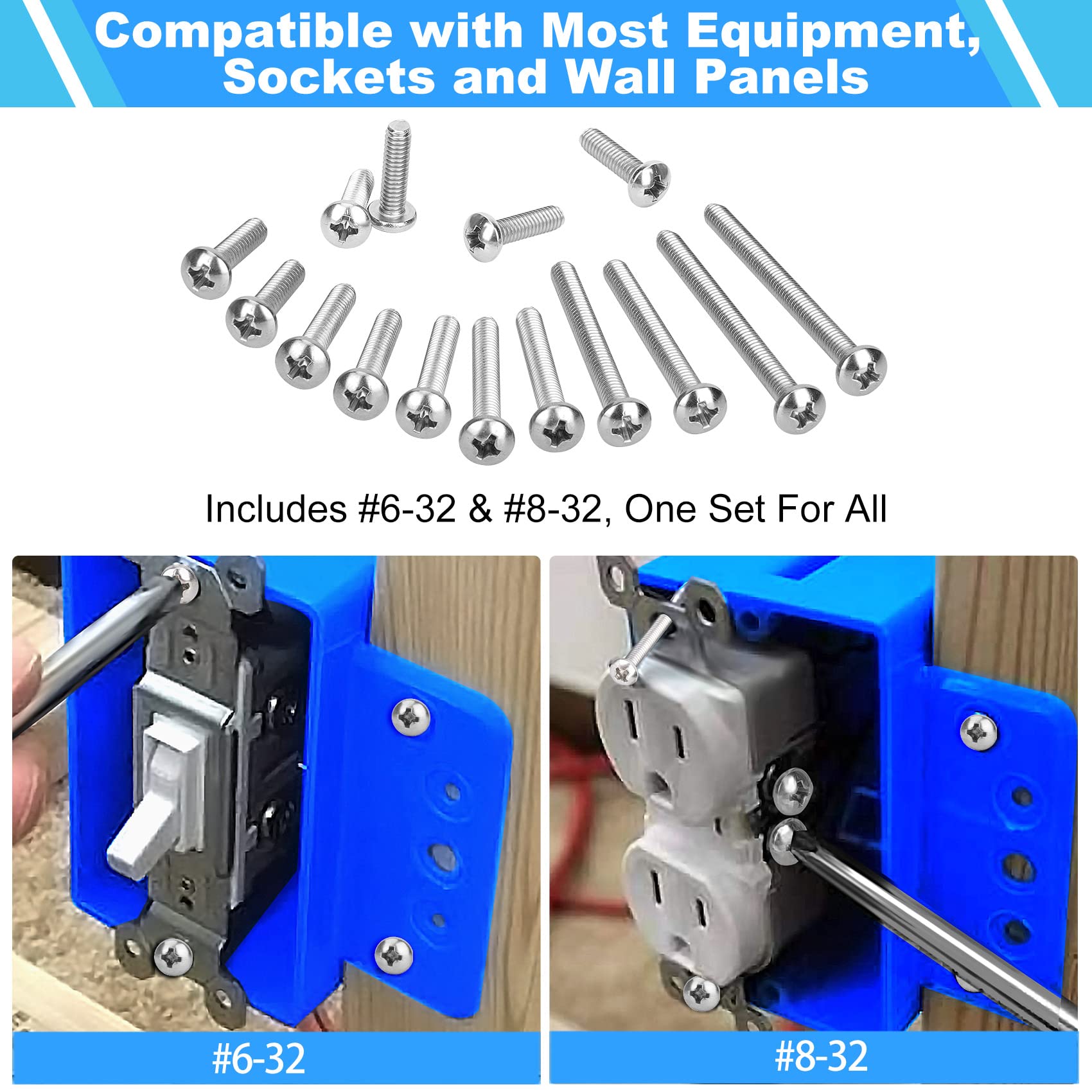 Machine Screws, 100 PCS Phillips Pan Head Electricians Screw Kit #6-32#8-32 Thread 304 Stainless Steel Screws for Electrical Wall Plate Switch, Receptacles Mounting Screws with Storage Case