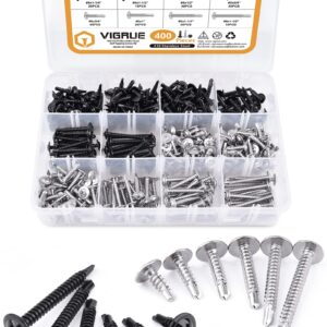 VIGRUE 410 Stainless Steel #8 X 1/2'' to 1-1/2'' Self Tapping Screw Assortment Kit, Modified Truss Head, 400pcs Self Tapping Screws for Metal, Black Oxide and Silver Stainless Steel