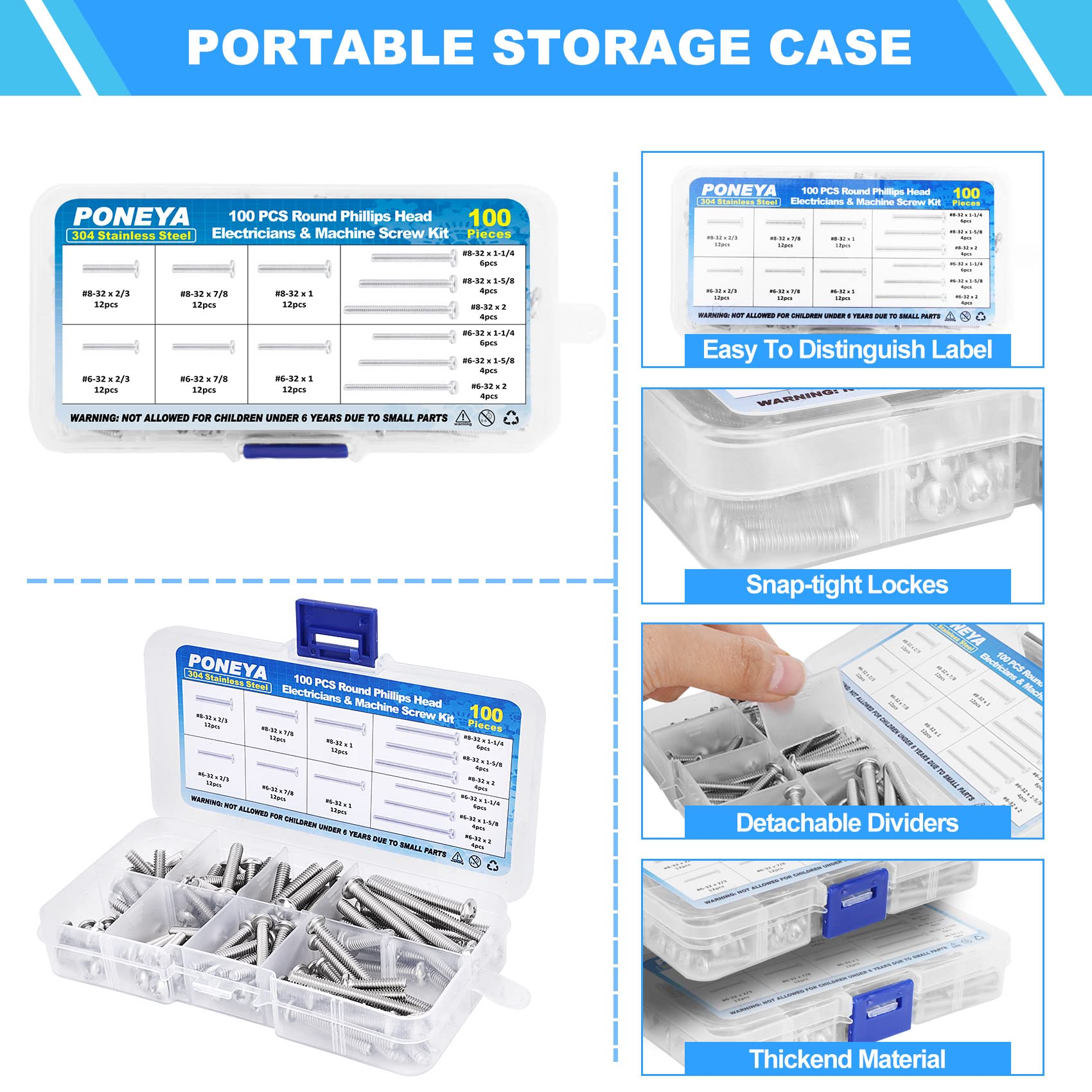 Machine Screws, 100 PCS Phillips Pan Head Electricians Screw Kit #6-32#8-32 Thread 304 Stainless Steel Screws for Electrical Wall Plate Switch, Receptacles Mounting Screws with Storage Case