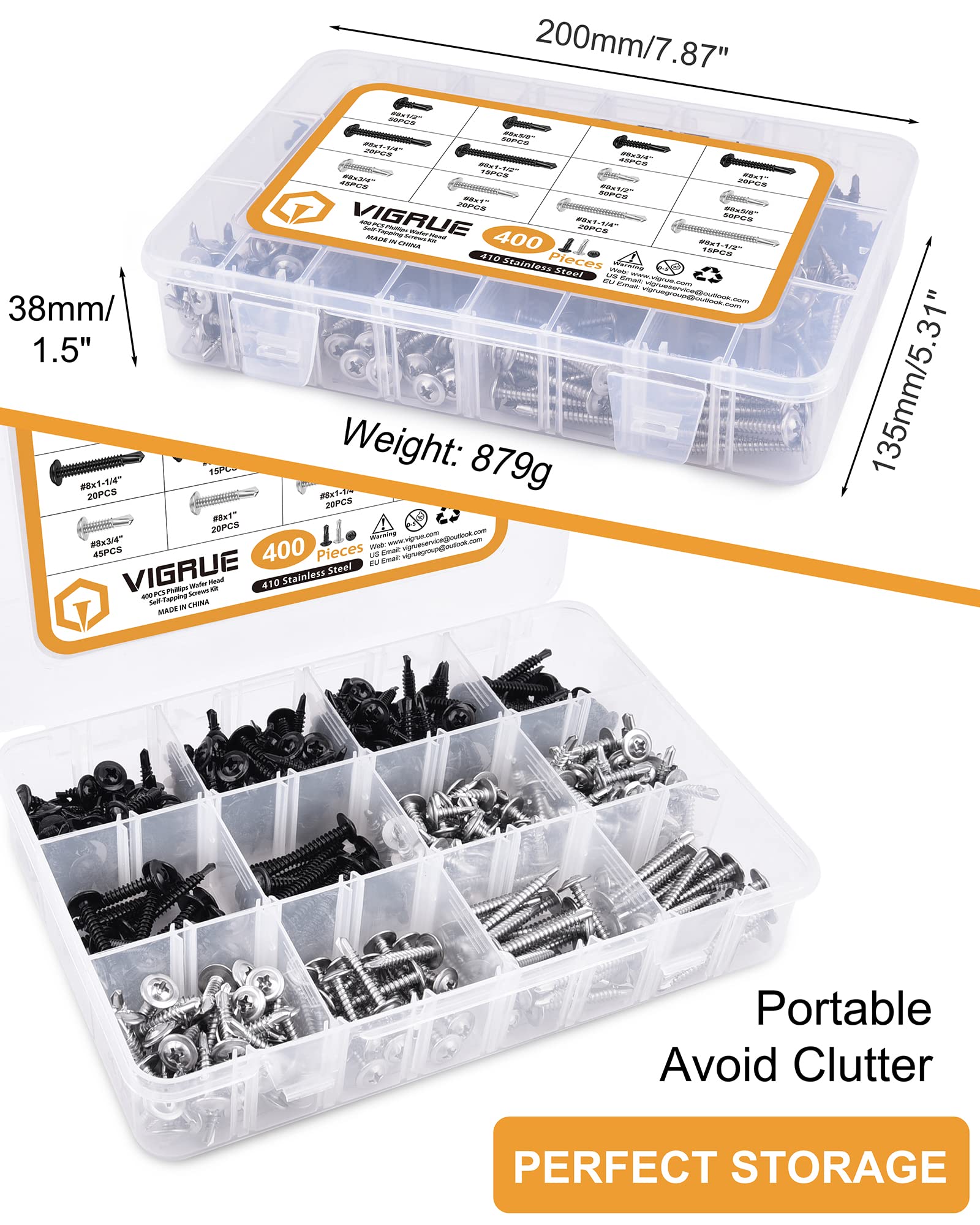 VIGRUE 410 Stainless Steel #8 X 1/2'' to 1-1/2'' Self Tapping Screw Assortment Kit, Modified Truss Head, 400pcs Self Tapping Screws for Metal, Black Oxide and Silver Stainless Steel