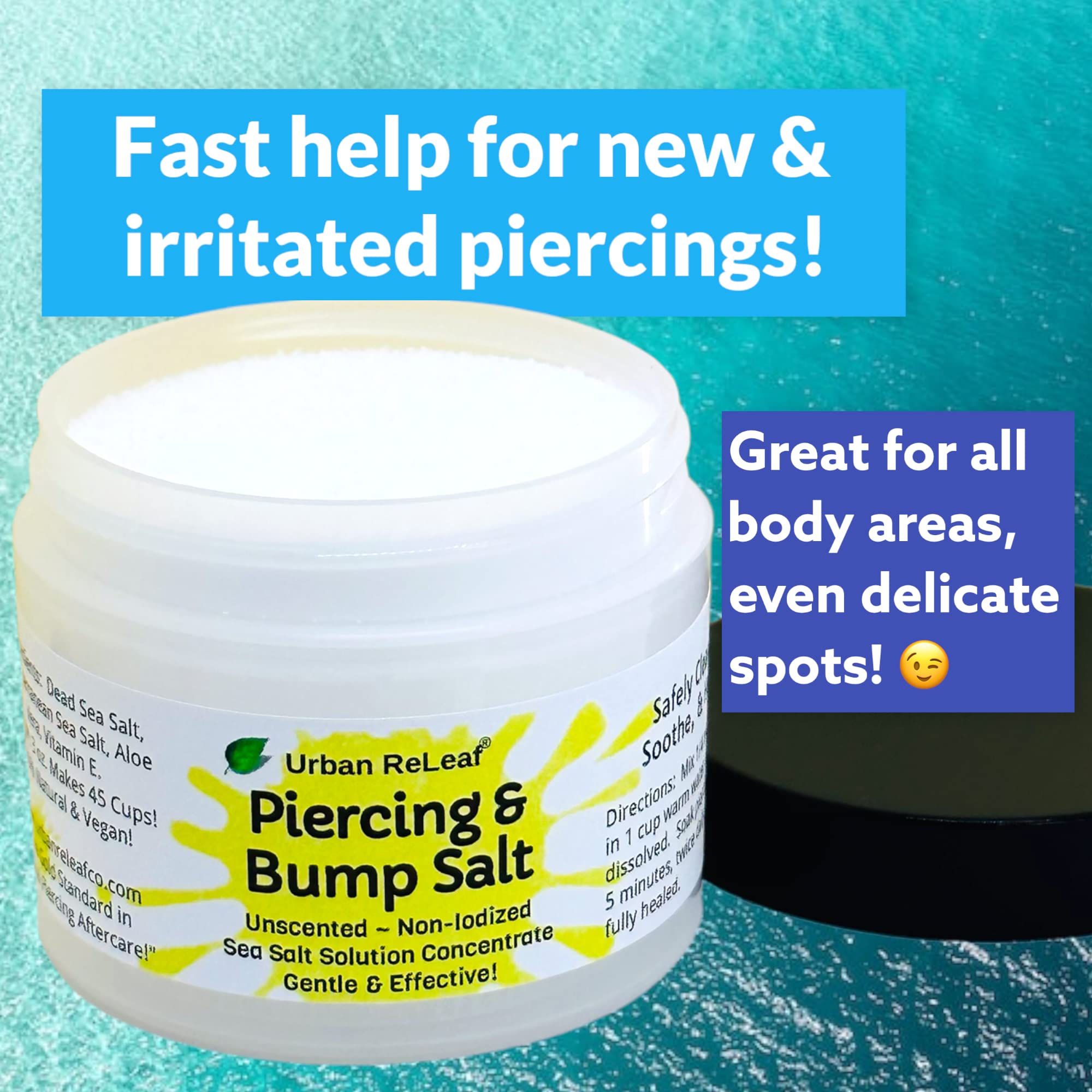 Urban ReLeaf Piercing & Bump Salt ! Unscented Sea Salt Solution Concentrate. Makes 45 Cups! Gentle Effective Clean Soothe Calm. Non-iodized. It works! Cleanse and Soak, Fresh Saline Aftercare