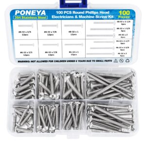 machine screws, 100 pcs phillips pan head electricians screw kit #6-32#8-32 thread 304 stainless steel screws for electrical wall plate switch, receptacles mounting screws with storage case