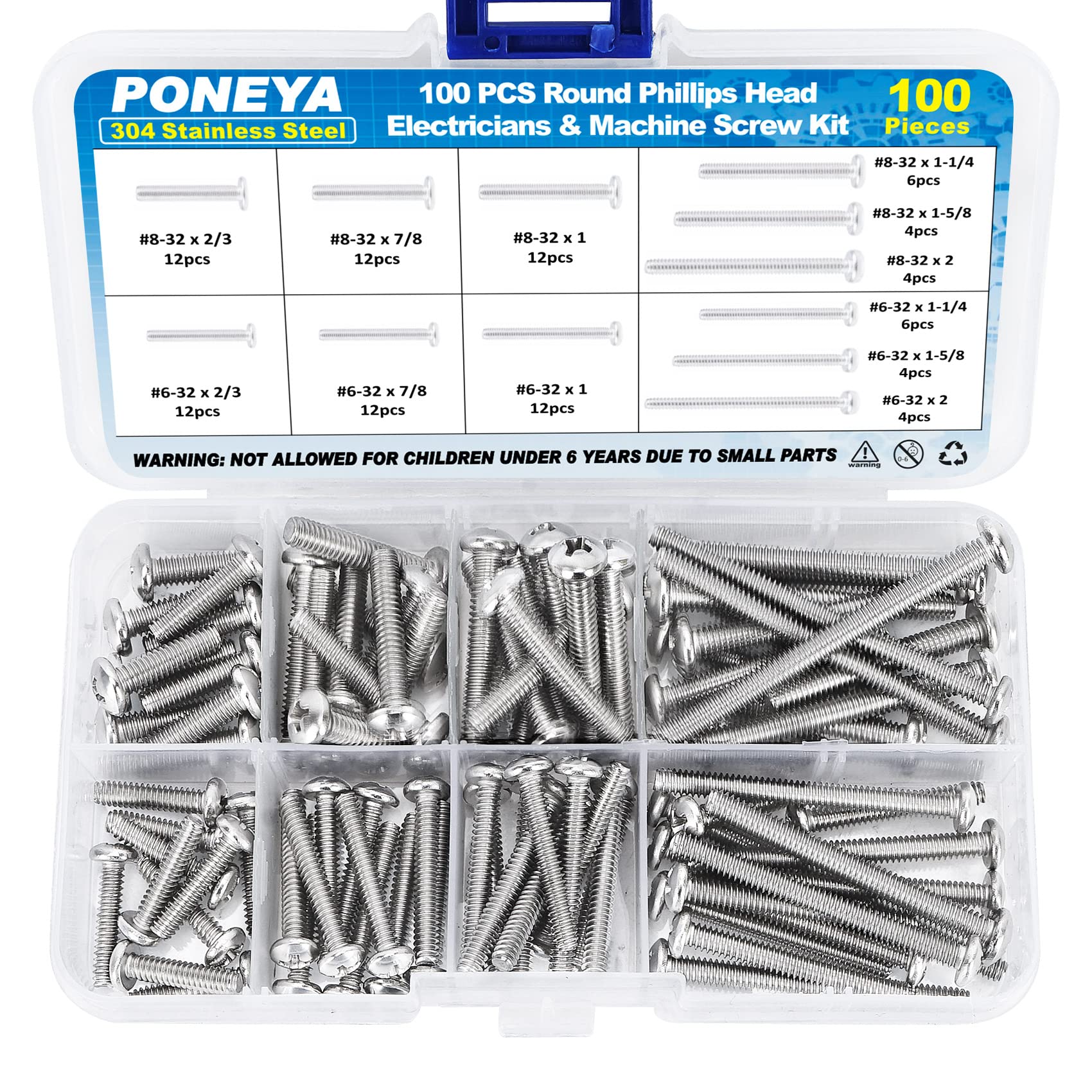 Machine Screws, 100 PCS Phillips Pan Head Electricians Screw Kit #6-32#8-32 Thread 304 Stainless Steel Screws for Electrical Wall Plate Switch, Receptacles Mounting Screws with Storage Case