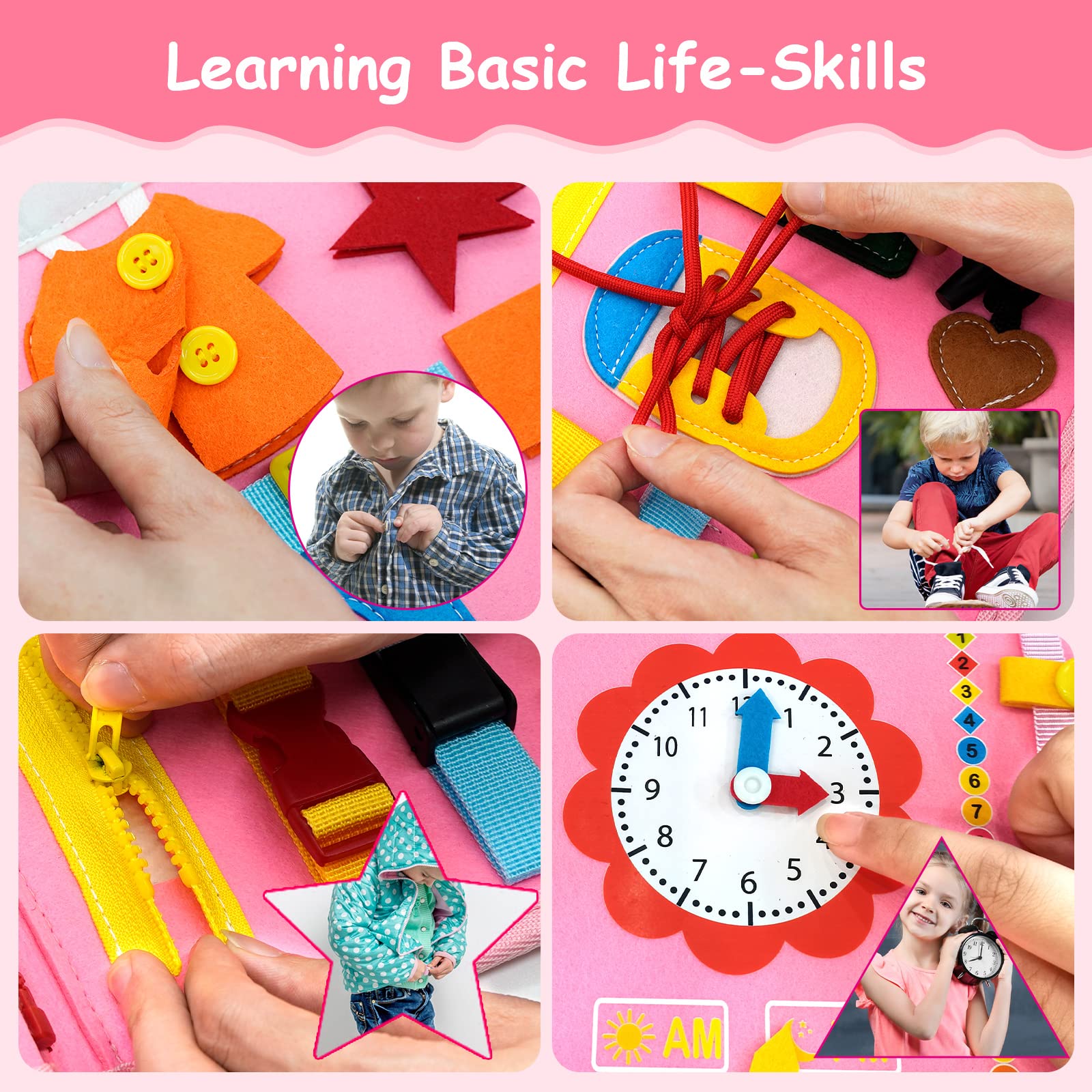 Busy Board Montessori Toys for Toddlers,25 in 1 Preschool Educational Activities Developing Sensory Basic Life-Skills Learning Self-dressing Puzzle Toys for Infants, 3-5 Year Old Boys Girls (Pink)