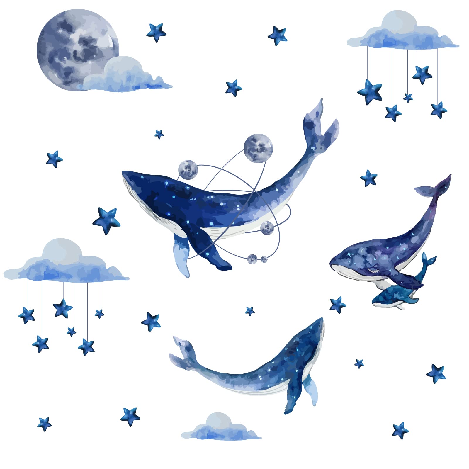 SUPERDANT Blue Whale Wall Stickers Night Sky Wall Decals Blue Clouds Animal Vinyl DIY Art Decor for Baby Nursery Children Bedroom Living Room Boy's Gift Wall Decor