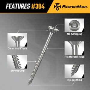 FM FastenMon #10 x 2-1/2" (300 PCS) Stainless Steel Deck Screws - 304 Grade with T25 Star Drive Bit - Ideal for Outdoor Wood Projects, Fences, Garden Bench, Picnic Table, and Decks - Bulk Box