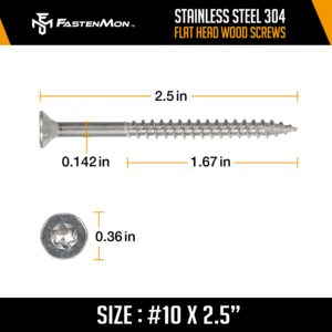 FM FastenMon #10 x 2-1/2" (300 PCS) Stainless Steel Deck Screws - 304 Grade with T25 Star Drive Bit - Ideal for Outdoor Wood Projects, Fences, Garden Bench, Picnic Table, and Decks - Bulk Box