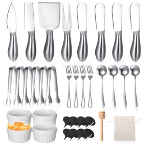 38 pcs charcuterie board accessories utensils include cheese knife set charcuterie bowls cheese markers serving tongs spoons and forks honey dipper for butter cheese and pastry making (silver)