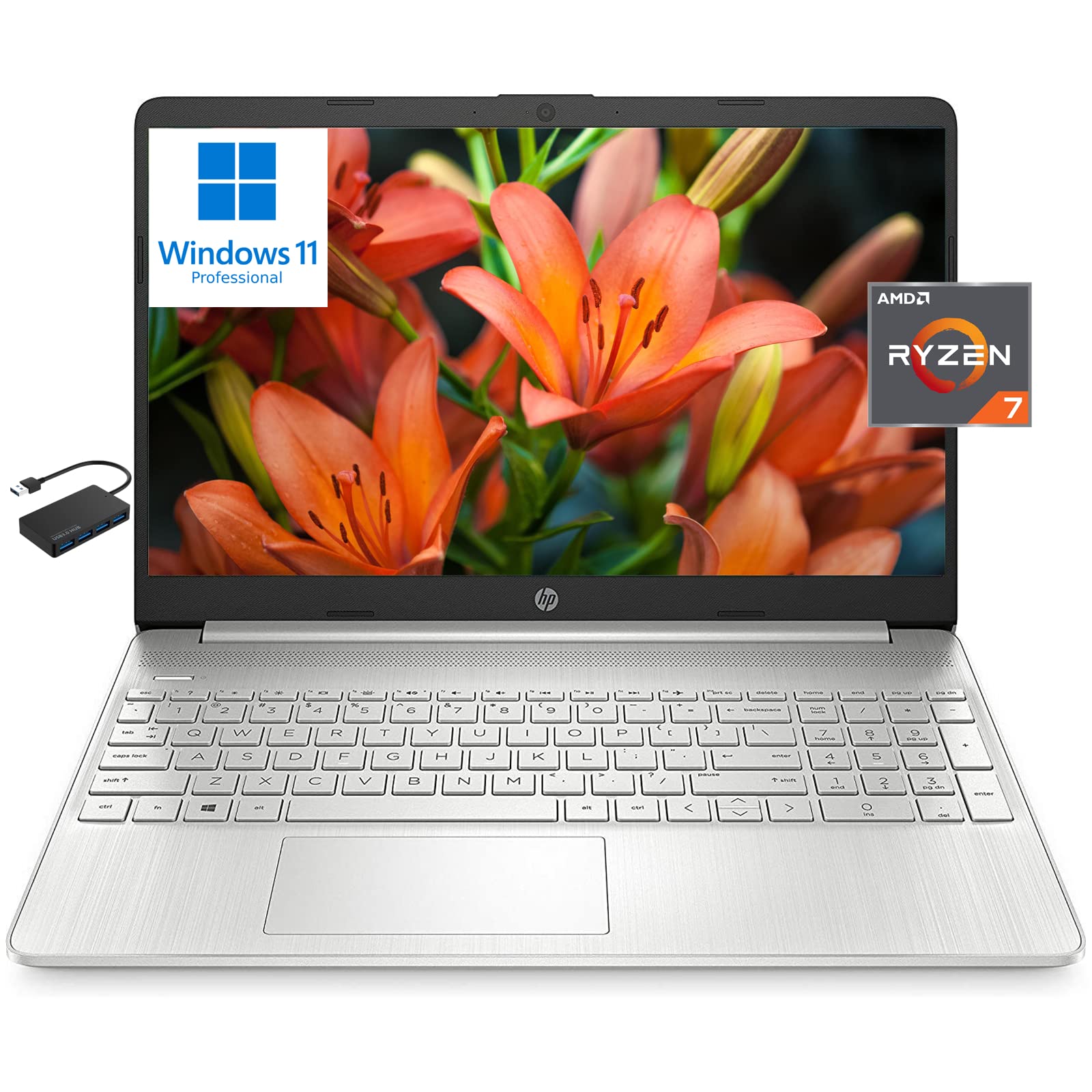 HP [Windows 11 Pro] 15 15.6" HD Business Laptop Computer, 8-Core AMD Ryzen 7 5700U (Beats i7-1180G7), 16GB RAM, 1TB PCIe SSD, Numeric Keypad, Fast Charge, Wi-Fi 6, Bluetooth, Long Battery Life, w/Hub