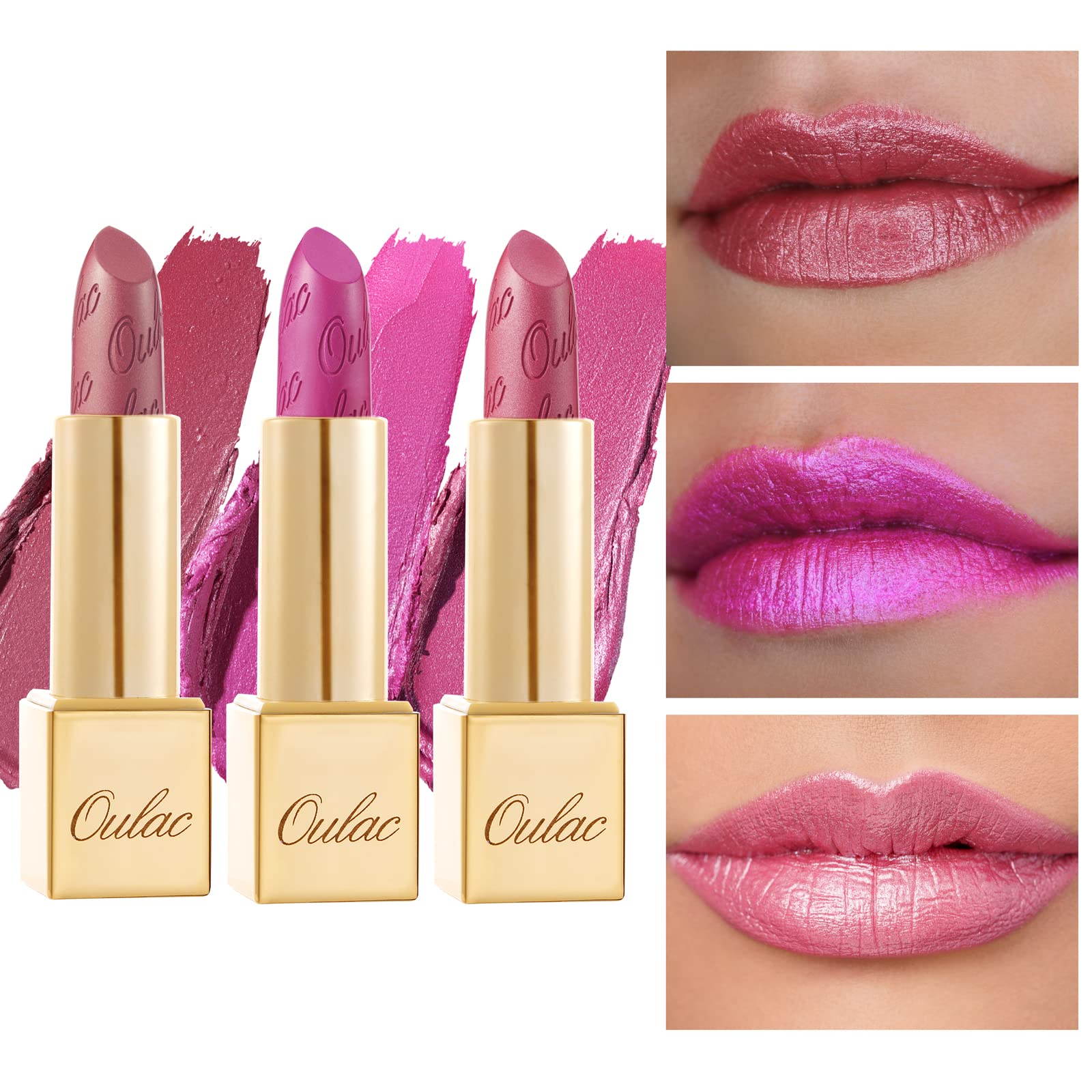 Oulac Metallic Pink Lipstick Set 3PCS High Impact Lipcolor with Moisturizing Formula, Vegan Beauty, Full-Coverage Lip Color 4.3g X 3PCS