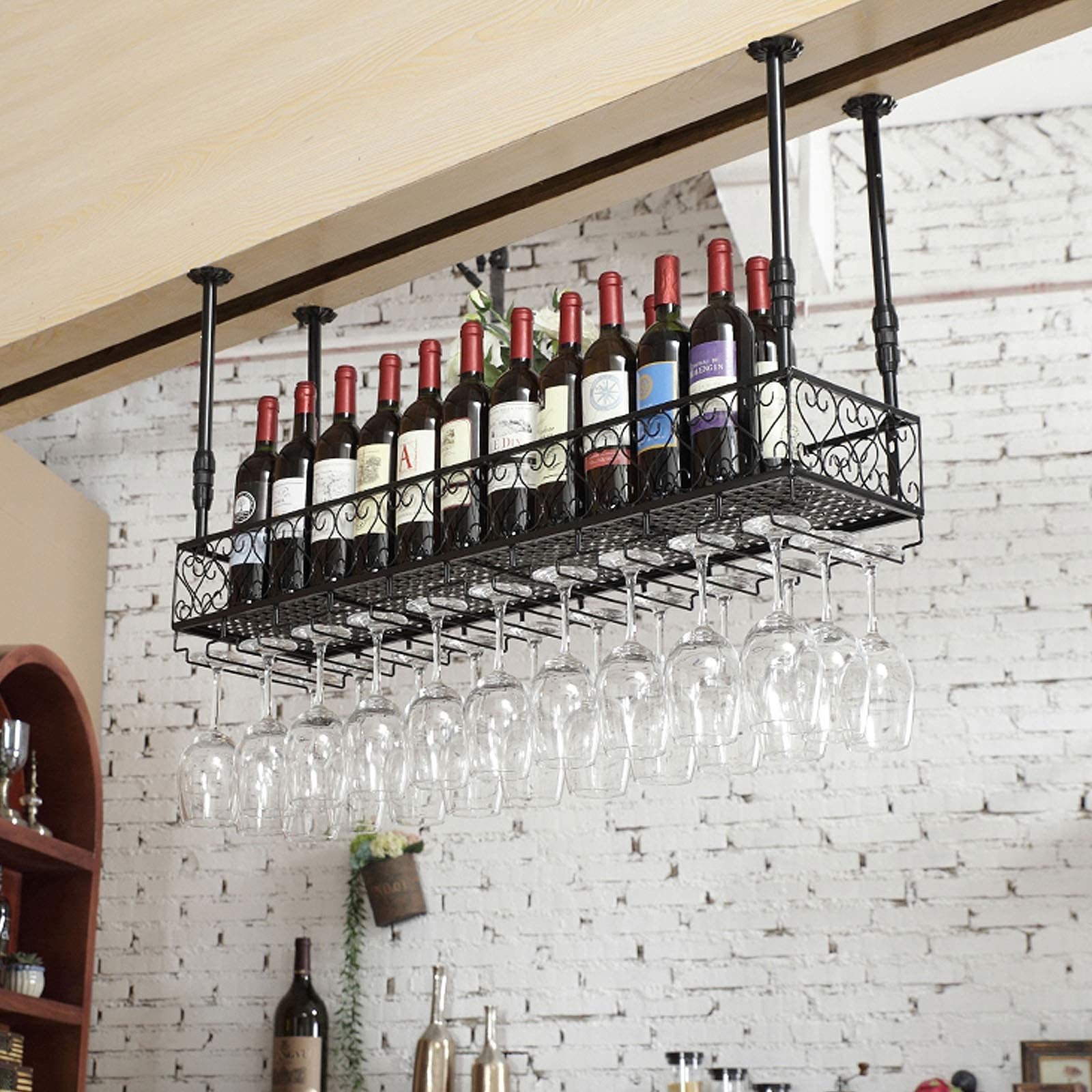 DACYS Wine Racks,Ceiling Shelf Ceiling Shelf Mounted Floating Suspended Wine Rack,Industrial Style Stemware Holder for Bars/Restaurants/Kitchens Storage,Height Can Be Adjusted Freely/Black/120 * 25Cm