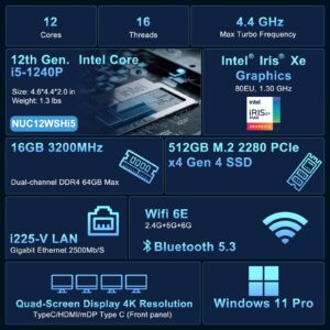 Intel NUC 12 NUC12WSHi5 Wall Street Canyon Mini Computer 12th Gen Intel Core i5-1240P, 12 Cores(4P+8E), 16 Threads, 12MB Intel Smart Cache, Intel Iris Xe Graphics,16GB RAM,512GB PCIe SSD, Win 11 Pro