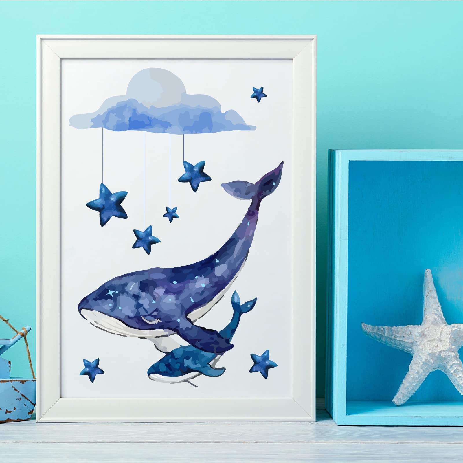 SUPERDANT Blue Whale Wall Stickers Night Sky Wall Decals Blue Clouds Animal Vinyl DIY Art Decor for Baby Nursery Children Bedroom Living Room Boy's Gift Wall Decor